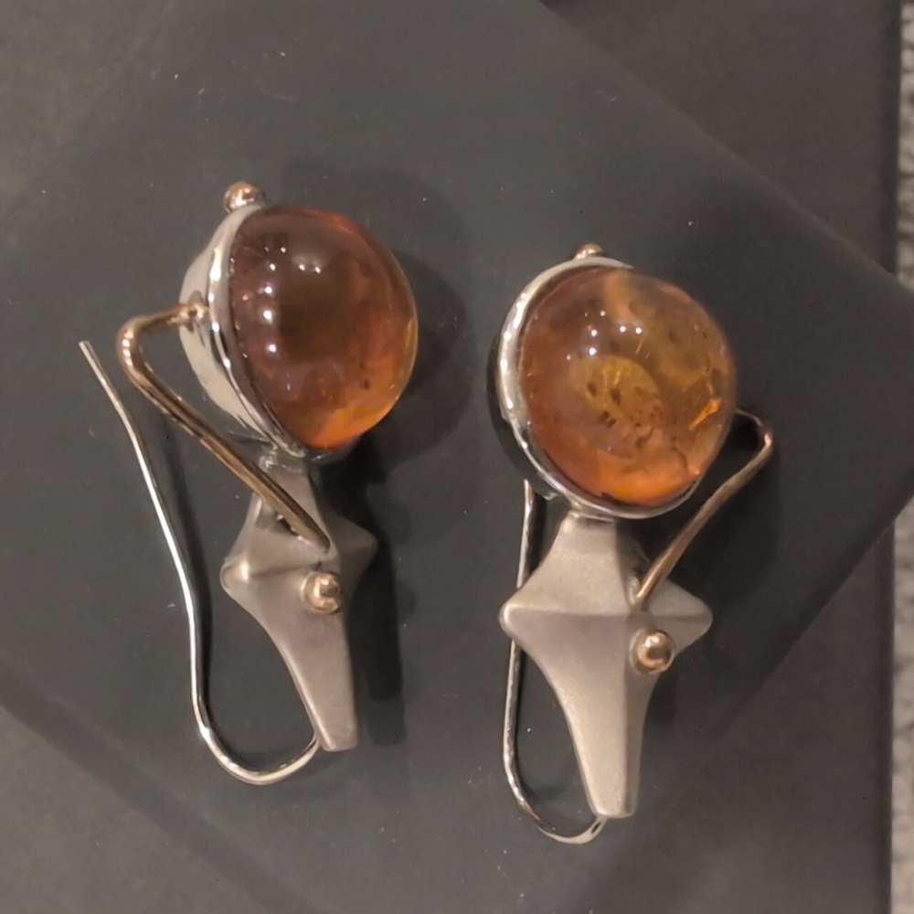 Amber Orb Silver Star Drop Earrings - Honey Amber - Picture 8 of 8
